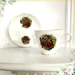 Royal Trent Fine Bone China Plum Fruit Tea Cup & Saucer with Gilded Rims
